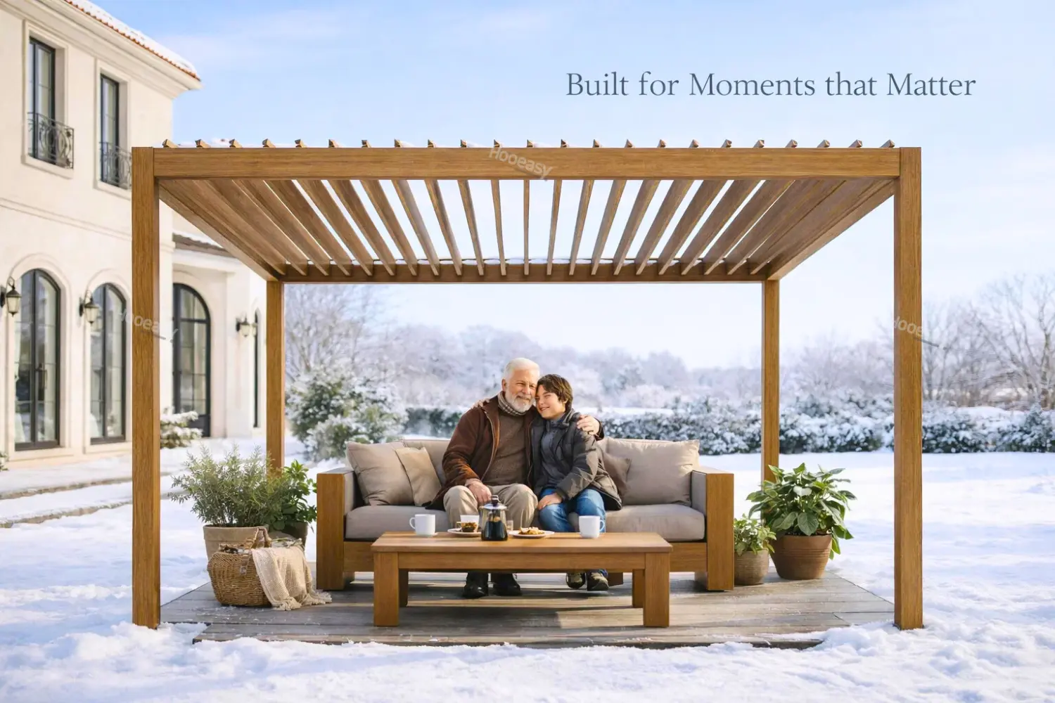A-specific-usage-scenario-image-of-a-grandparent-and-grandchild-embracing-under-Hooeasys-pergola-product