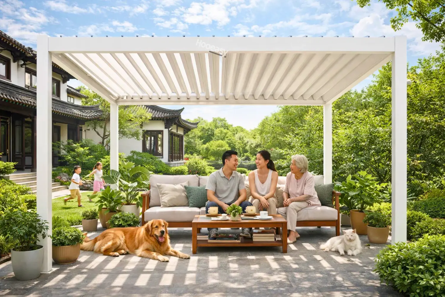 What Minimalist Outdoor Living Means in Europe 4 Hooeasy Pergola Products A Scene of Harmony Between People and Pets