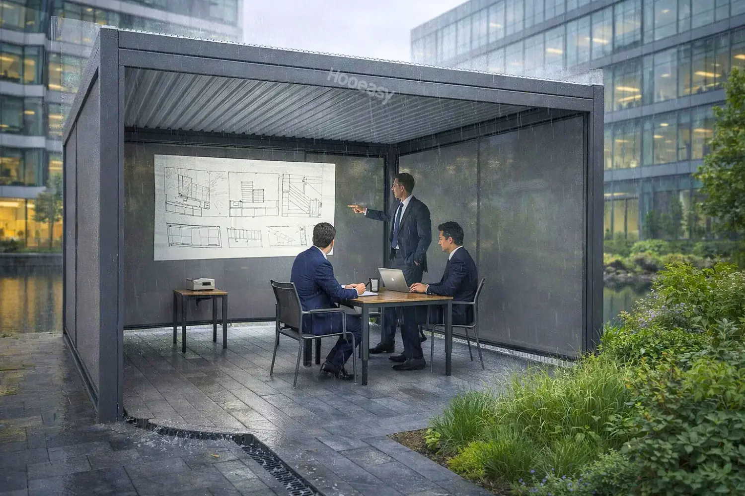 Commercial Pergola Supporting Passive Cooling in a Modern Building