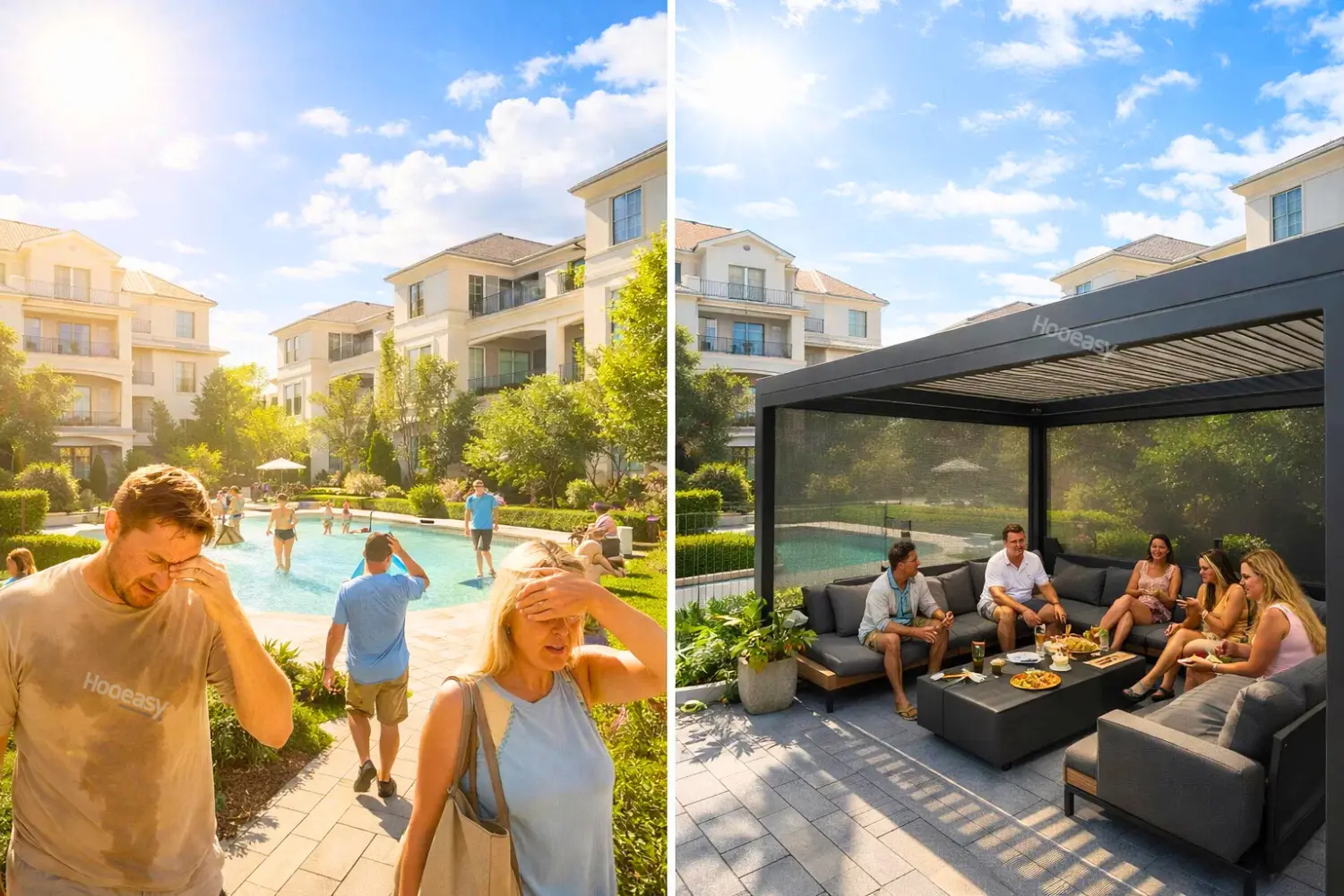 Modern European commercial building under strong summer sun highlighting increased heat