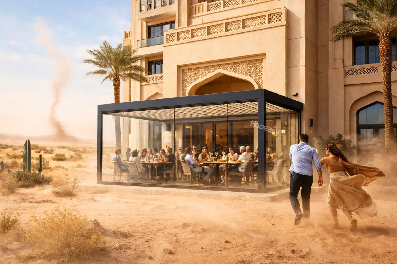 Shaded restaurant terrace under pergola improving outdoor comfort during hot weather