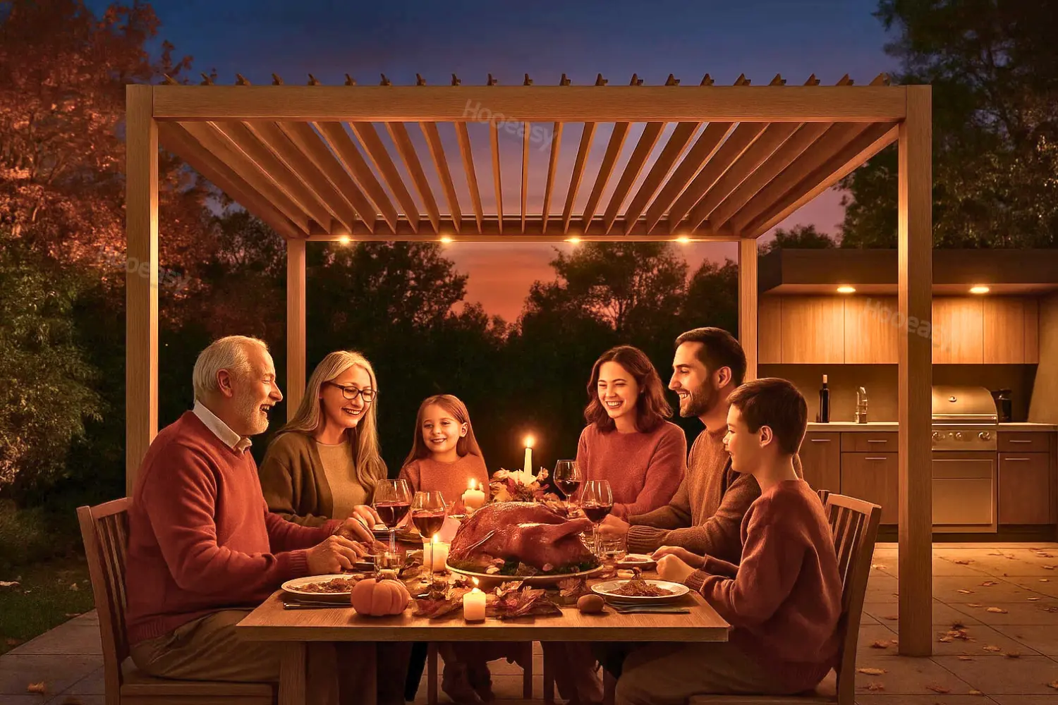 International Women’s Day 2026: How Pergolas Empower Women to Create Better Outdoor Living Spaces 3 family dinner under pergola outdoor dining lighting