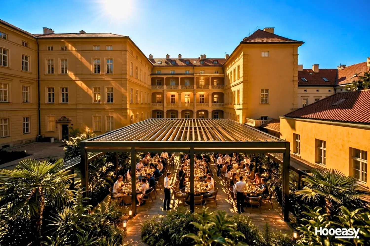 Heatwaves Are a Health Crisis: Why Shade Is Becoming Essential Outdoor Infrastructure 3 Hooeasy commercial pergola providing shade for a restaurant outdoor terrace with diners seated comfortably under adjustable louvered roof