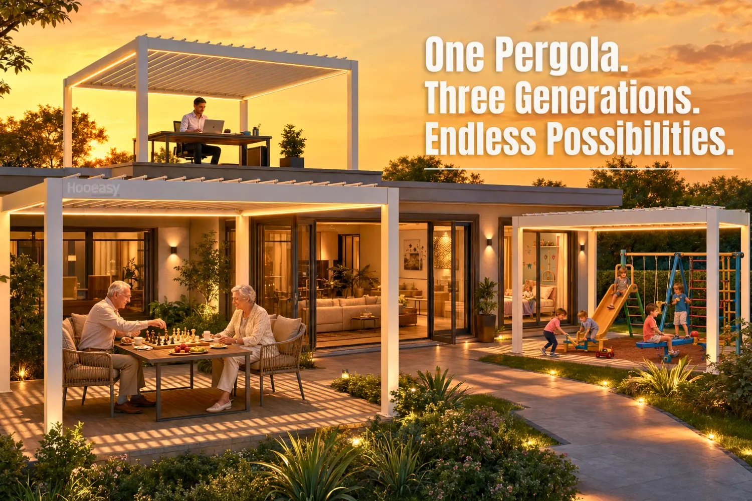 Why Top Interior Designers Are Making Pergolas Part of Luxury Home Design 2 Luxury backyard with architectural aluminum pergola defining outdoor dining and lounge areas
