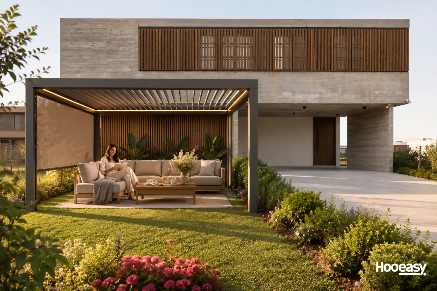 Why Top Interior Designers Are Making Pergolas Part of Luxury Home Design 3 Minimalist pergola design with integrated lighting and motorized louvered roof in contemporary home