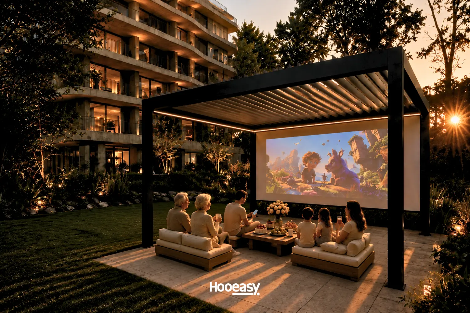Heatwaves Are a Health Crisis: Why Shade Is Becoming Essential Outdoor Infrastructure 2 Modern Hooeasy aluminum louvered pergola providing adjustable shade for a residential patio garden with outdoor dining area and family enjoying the sp
