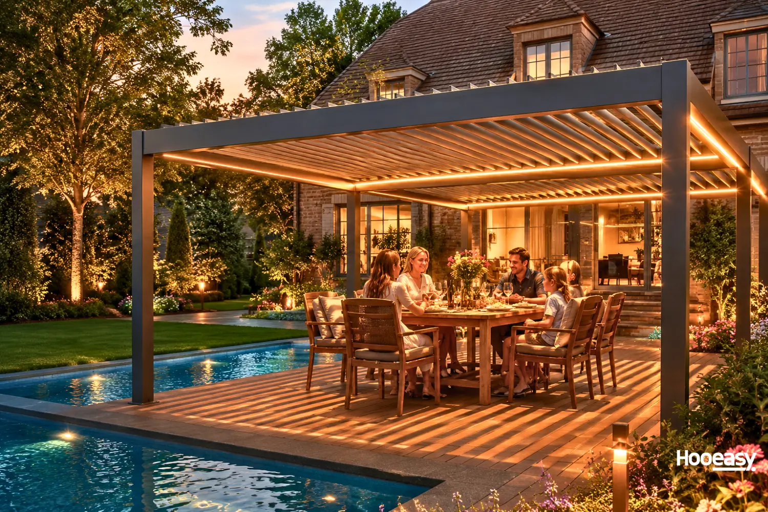 10 Benefits of Having a Pergola: Why More Homeowners and Businesses Choose Pergolas 6 Modern aluminum pergola creating an outdoor living space with sofa seating and dining area in a contemporary backyard setting 1