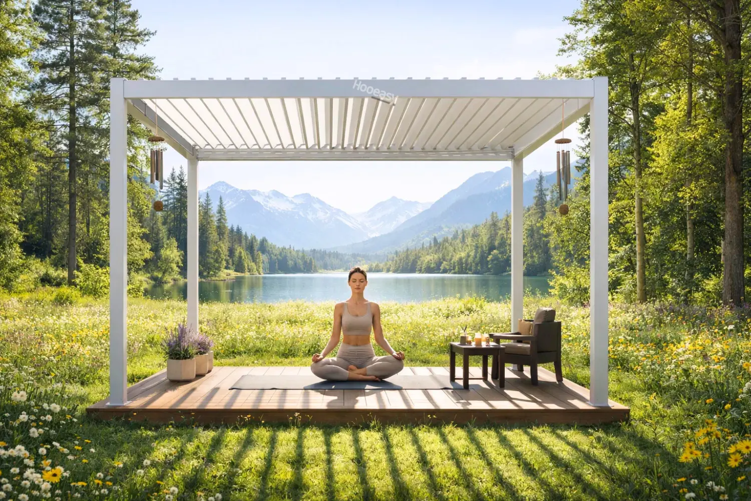 Person practicing yoga under a pergola with adjustable louvers for outdoor wellness and