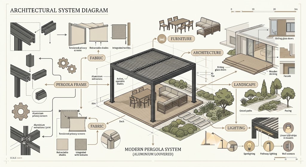 Warm Minimalism: The 2026 Color Palette Transforming Outdoor Spaces 9 outdoor living system connecting pergola frame fabric furniture architecture landscape and lighting