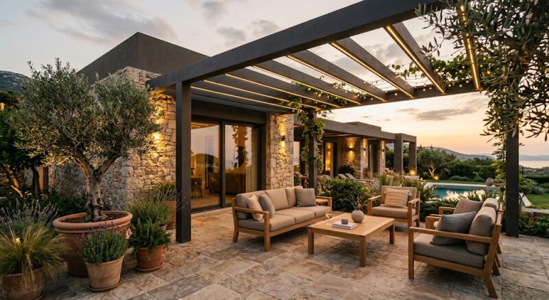 Warm Minimalism: The 2026 Color Palette Transforming Outdoor Spaces 3 modern warm charcoal pergola with natural stone and wood accents