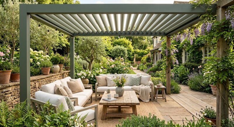 Warm Minimalism: The 2026 Color Palette Transforming Outdoor Spaces 6 sage green outdoor pergola design with natural landscaping