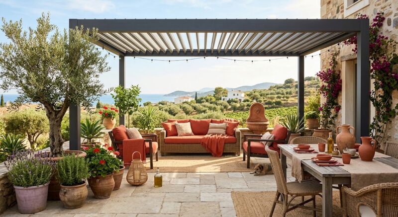 Warm Minimalism: The 2026 Color Palette Transforming Outdoor Spaces 5 terracotta outdoor design with charcoal pergola and limestone