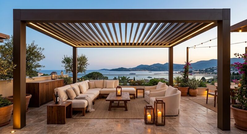 Warm Minimalism: The 2026 Color Palette Transforming Outdoor Spaces 4 bronze pergola with cream walnut and warm lighting in luxury outdoor space