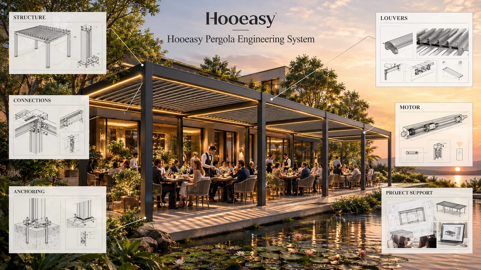 Hooeasy louvered pergola engineering system covering structure louvers connections motor anchoring and project support