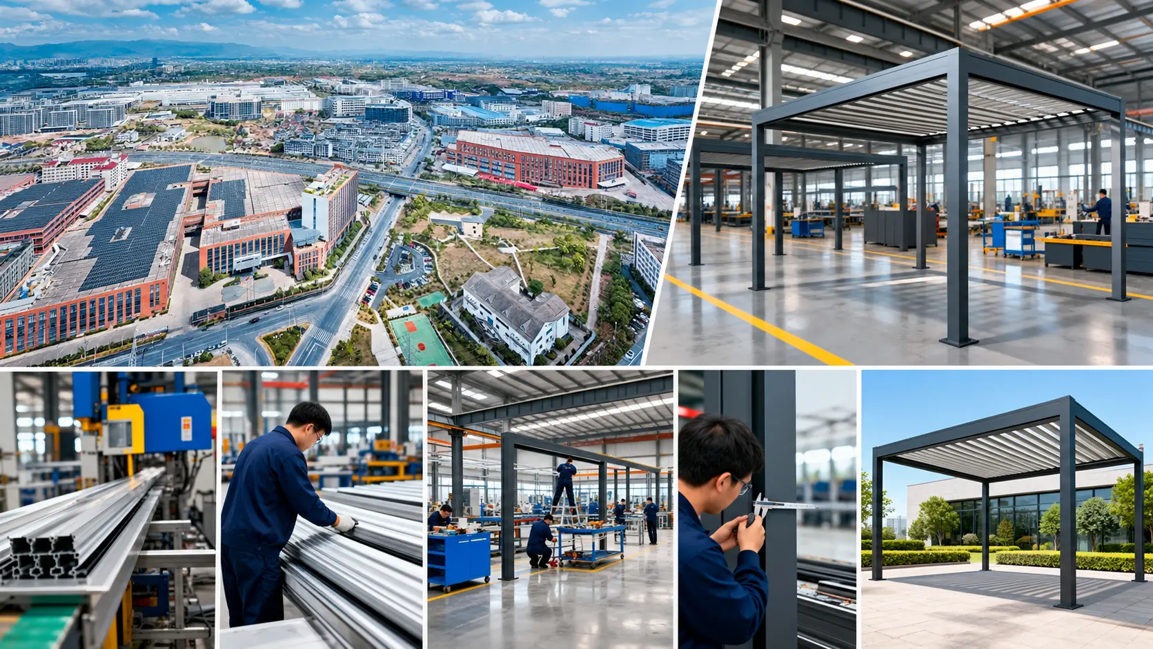 How to Choose a Pergola Manufacturer in China: 10 Things B2B Buyers Should Check 1 Modern aluminum pergola manufacturing factory in China with production equipment and assembly lines1