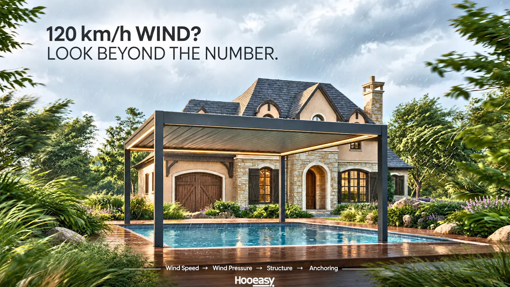 Modern motorized louvered pergola engineered for high wind conditions around 120 kmh