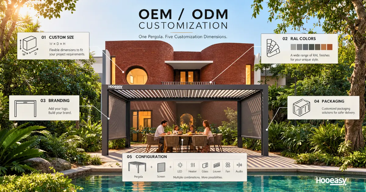 How to Choose a Pergola Manufacturer in China: 10 Things B2B Buyers Should Check 2 OEM and ODM pergola customization options including size RAL colors branding and packaging