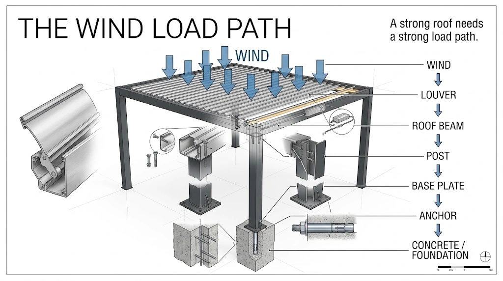 Structural load path showing how wind forces transfer from pergola louvers to anchors and foundation