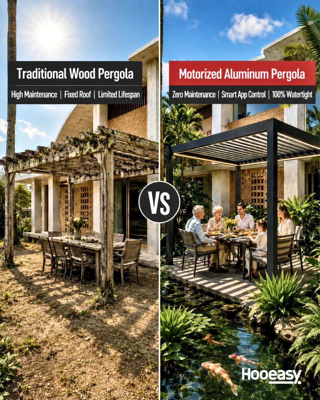 2026 Outdoor Living Trend: Why Motorized Louvered Pergolas Are the New Standard 4 Traditional wood pergola compared with a modern motorized aluminum pergola