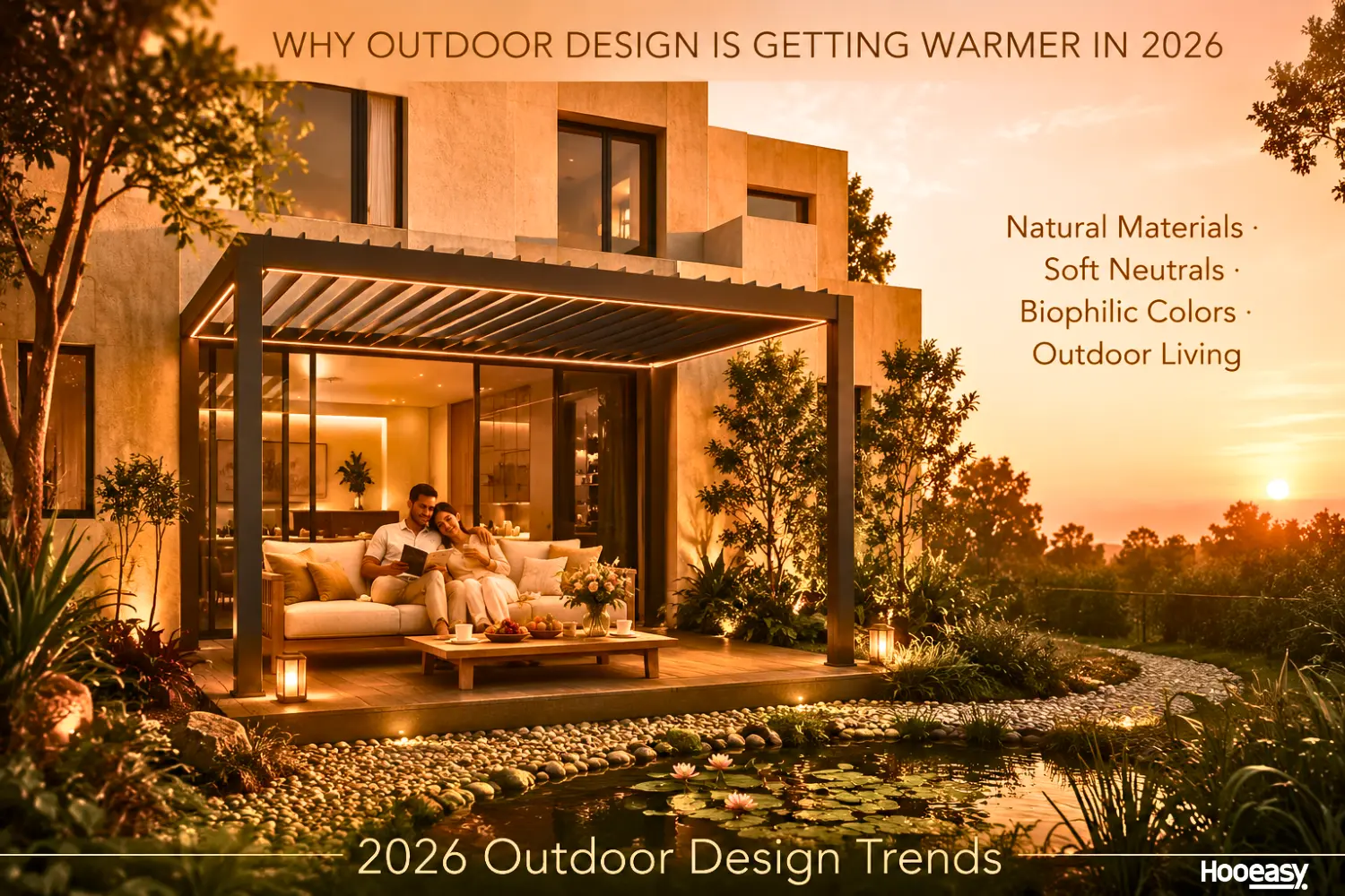 2026 Outdoor Living Trend: Why Motorized Louvered Pergolas Are the New Standard 2 Warm minimalist outdoor living room beneath a modern aluminum pergola
