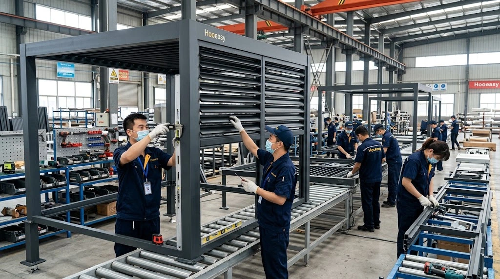 What Makes a Good Pergola Factory? 12 Factory Capabilities B2B Buyers Should Check 6 Aluminum pergola factory assembly line with technicians checking frame alignment and louver installation