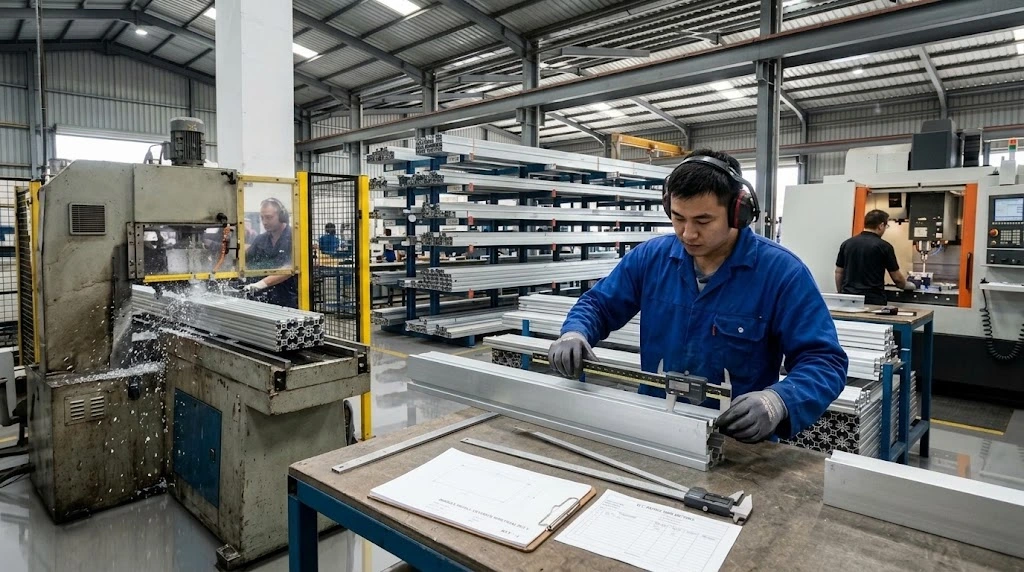 What Makes a Good Pergola Factory? 12 Factory Capabilities B2B Buyers Should Check 2 Aluminum pergola factory processing aluminum profiles through cutting machining and dimensional inspection