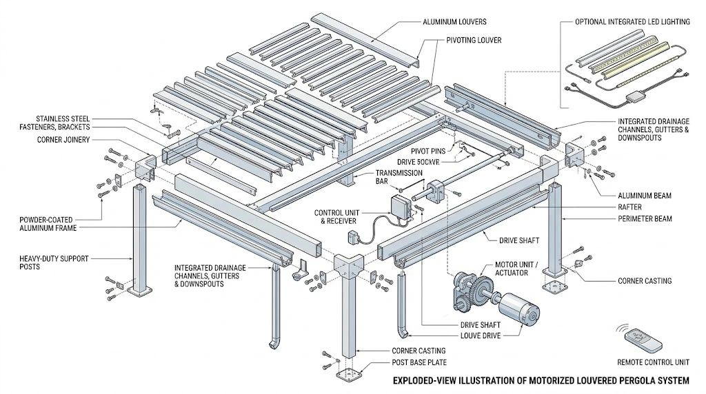 What Makes a Good Pergola Factory? 12 Factory Capabilities B2B Buyers Should Check 5 Exploded technical view of a motorized aluminum pergola showing louvers motor control system drainage and fasteners