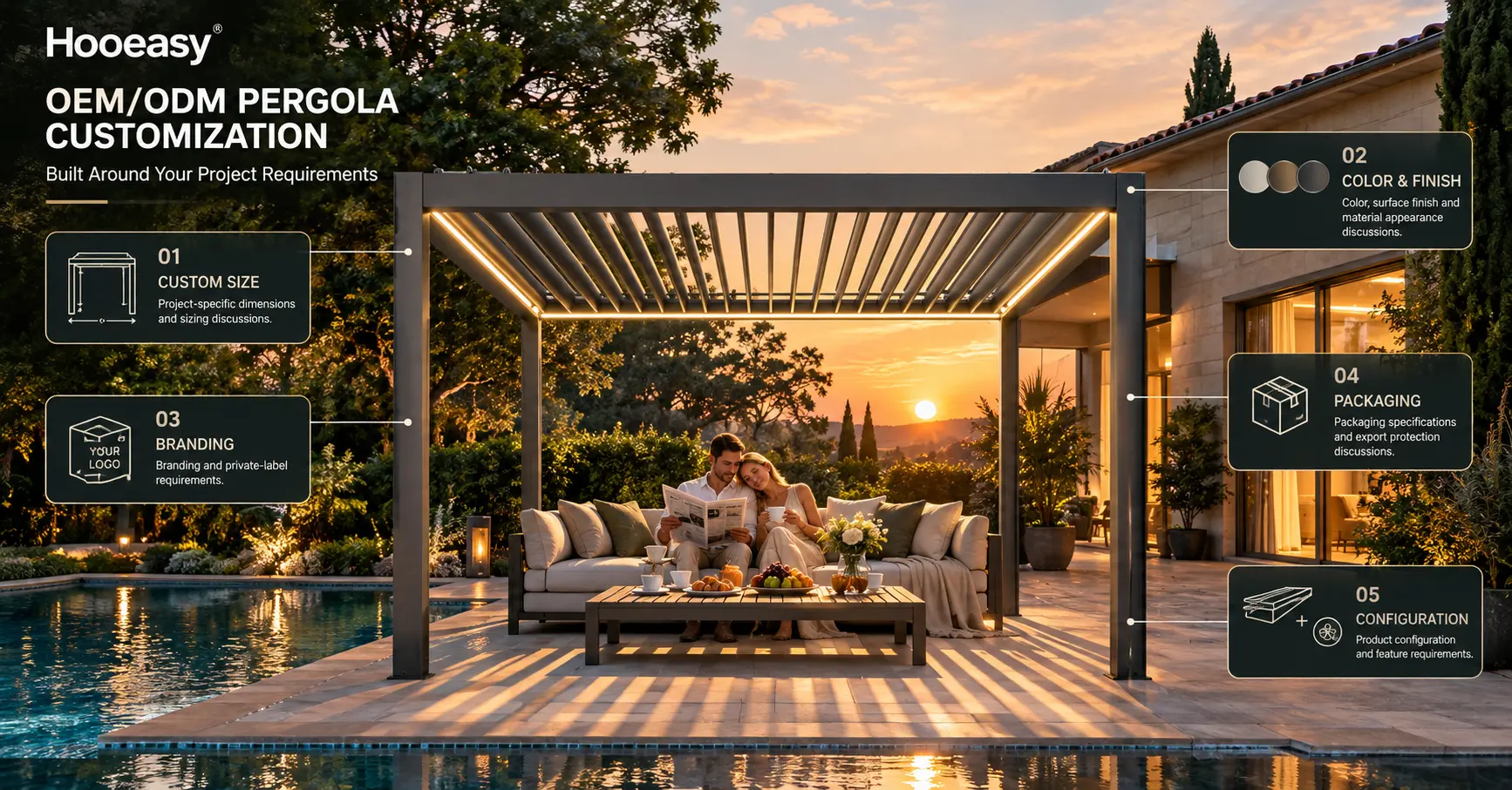 Hooeasy at the 140th Canton Fair 2026: Meet Your Pergola Manufacturing Partner in China 3 OEMODM pergola customization options for B2B buyers including size color and finish branding packaging and product configuration