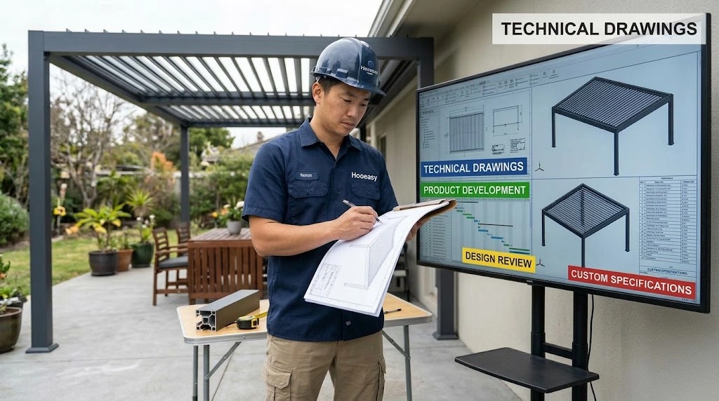 What Makes a Good Pergola Factory? 12 Factory Capabilities B2B Buyers Should Check 4 Pergola factory RD and engineering team reviewing aluminum pergola technical drawings and product design