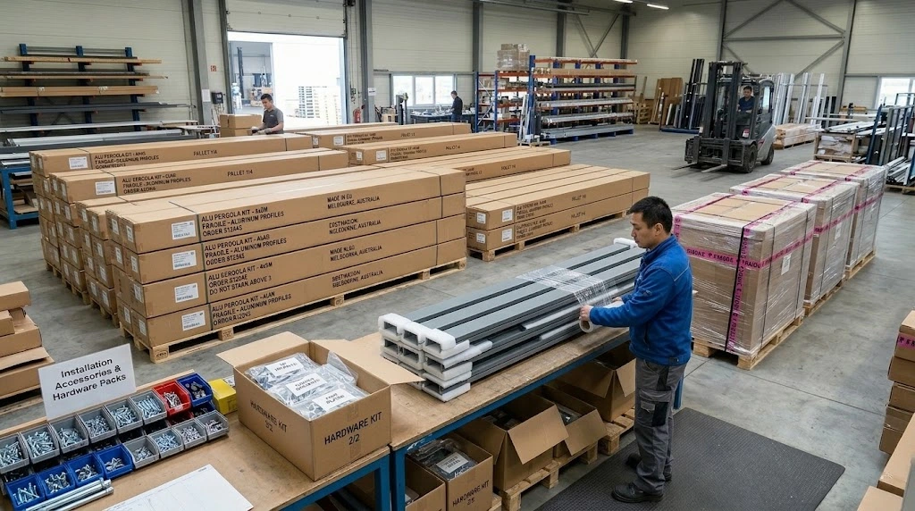 What Makes a Good Pergola Factory? 12 Factory Capabilities B2B Buyers Should Check 11 Pergola factory export packaging protecting aluminum profiles components and installation accessories