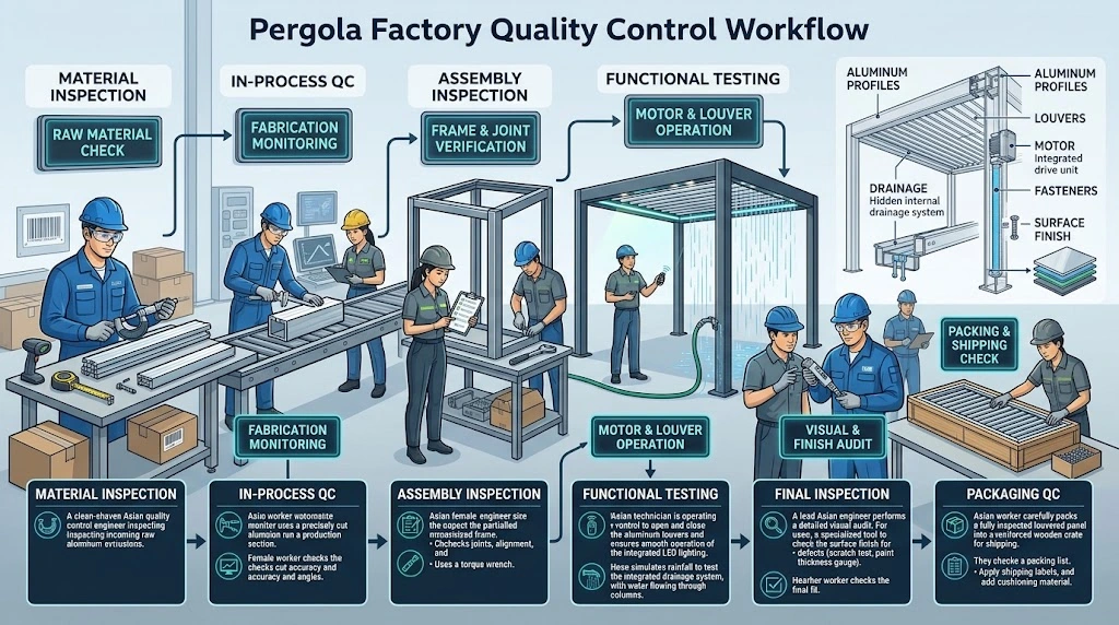What Makes a Good Pergola Factory? 12 Factory Capabilities B2B Buyers Should Check 7 Pergola factory quality control workflow from incoming material inspection to final packaging inspection