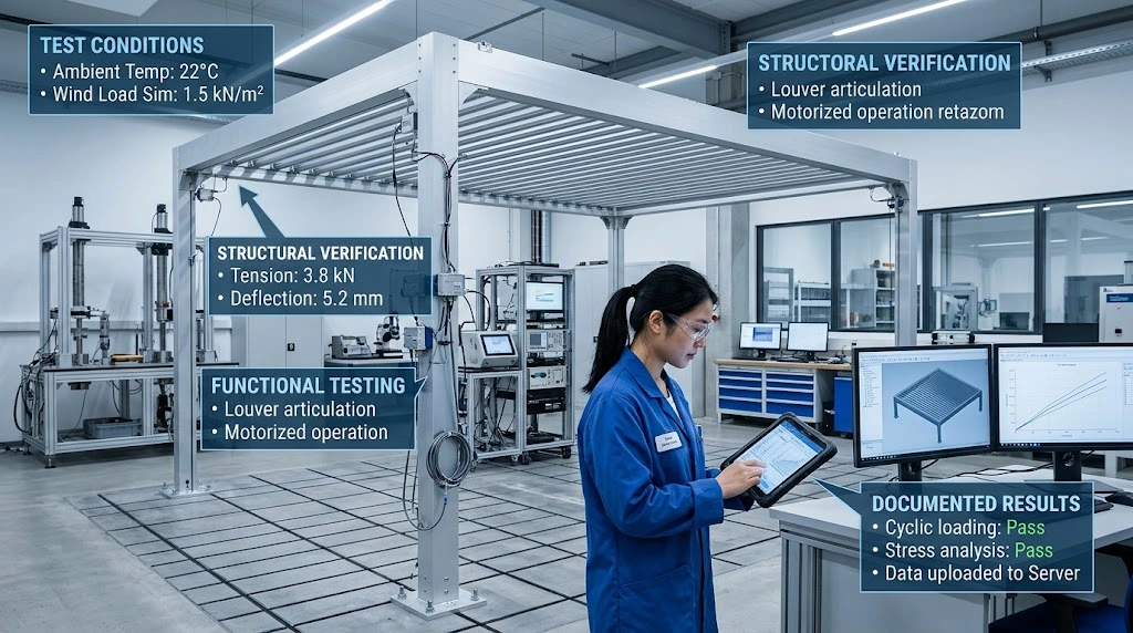 What Makes a Good Pergola Factory? 12 Factory Capabilities B2B Buyers Should Check 8 Pergola testing laboratory evaluating aluminum pergola performance and functional requirements