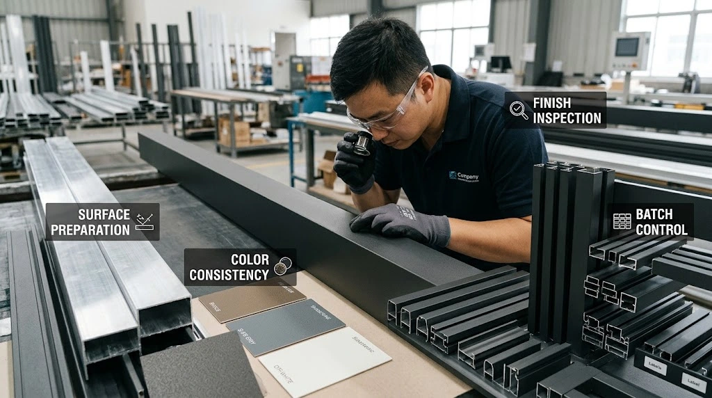 What Makes a Good Pergola Factory? 12 Factory Capabilities B2B Buyers Should Check 3 Powder coated aluminum pergola profiles showing surface finishing and color quality inspection